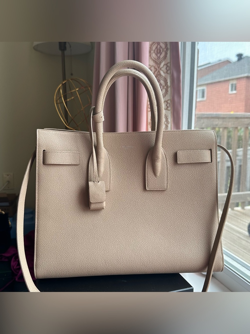 SAINT LAURENT PARIS BEIGE GRAINED CALFSKIN SAC DE JOUR TOTE BAG